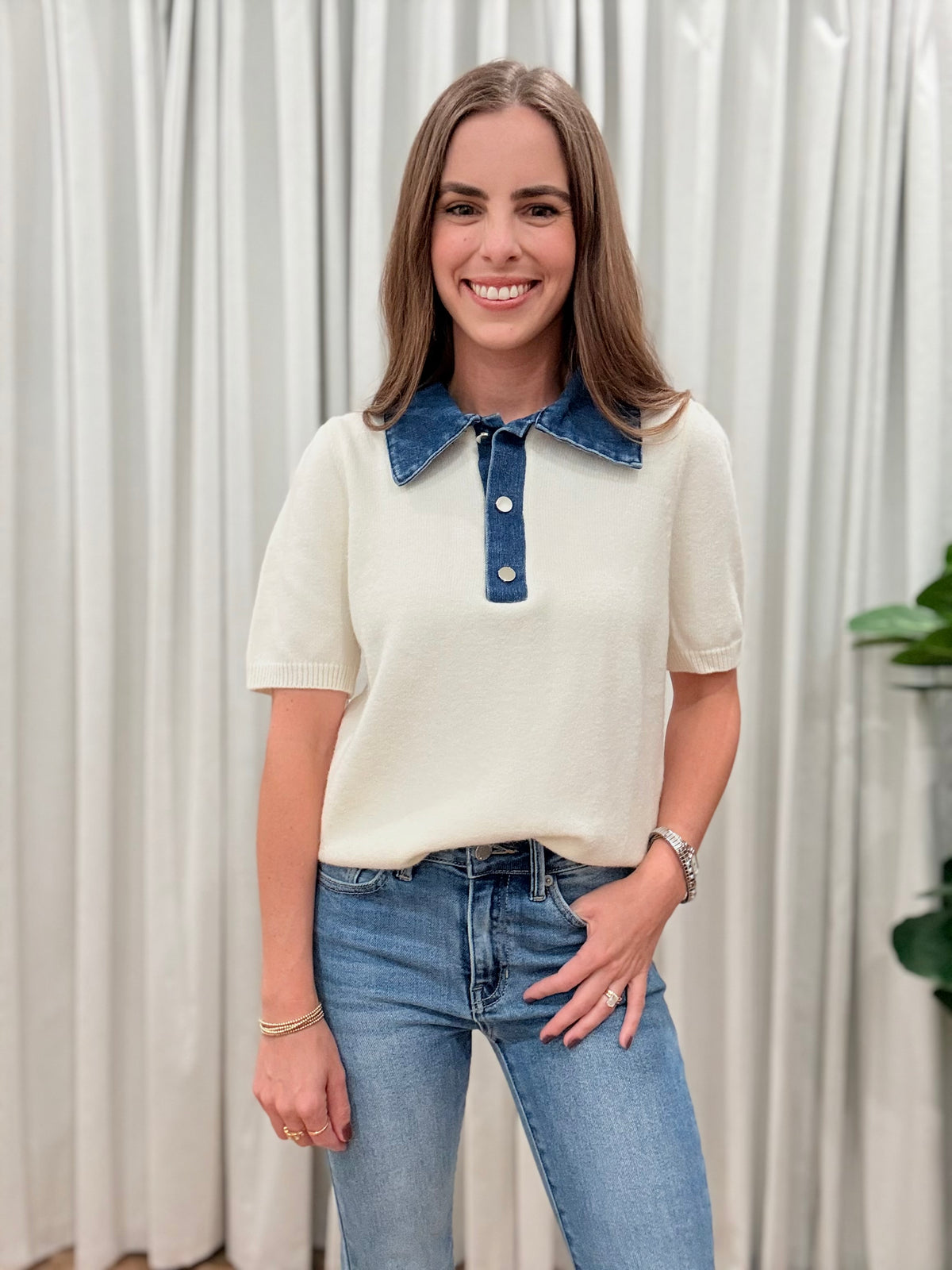 Contrast Denim Knit Top