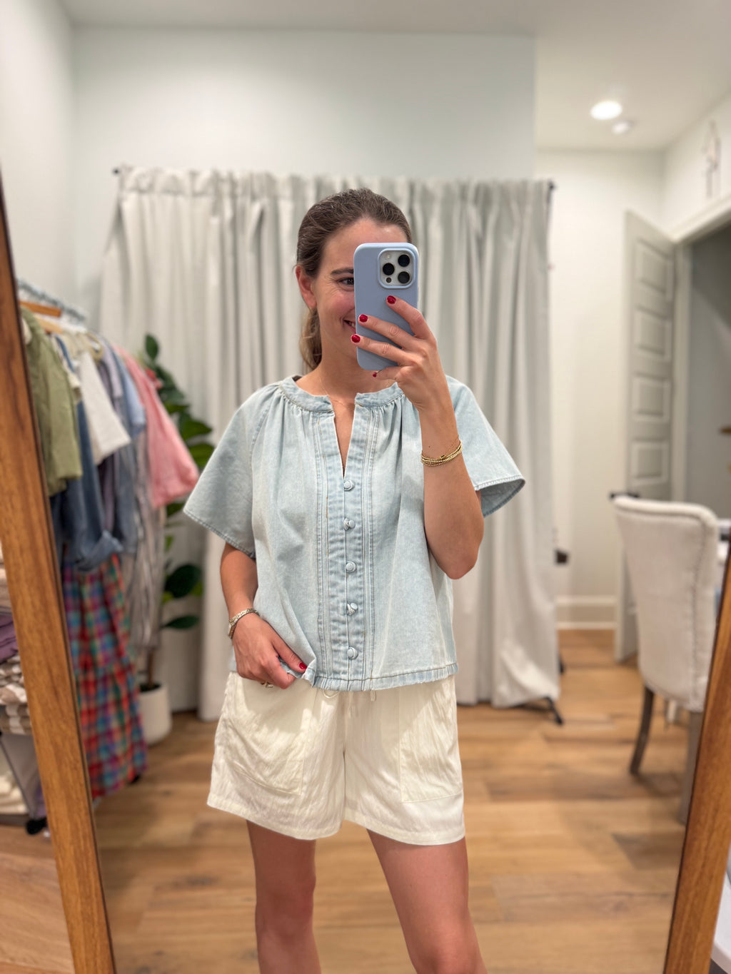 Gathered Collar Denim Top