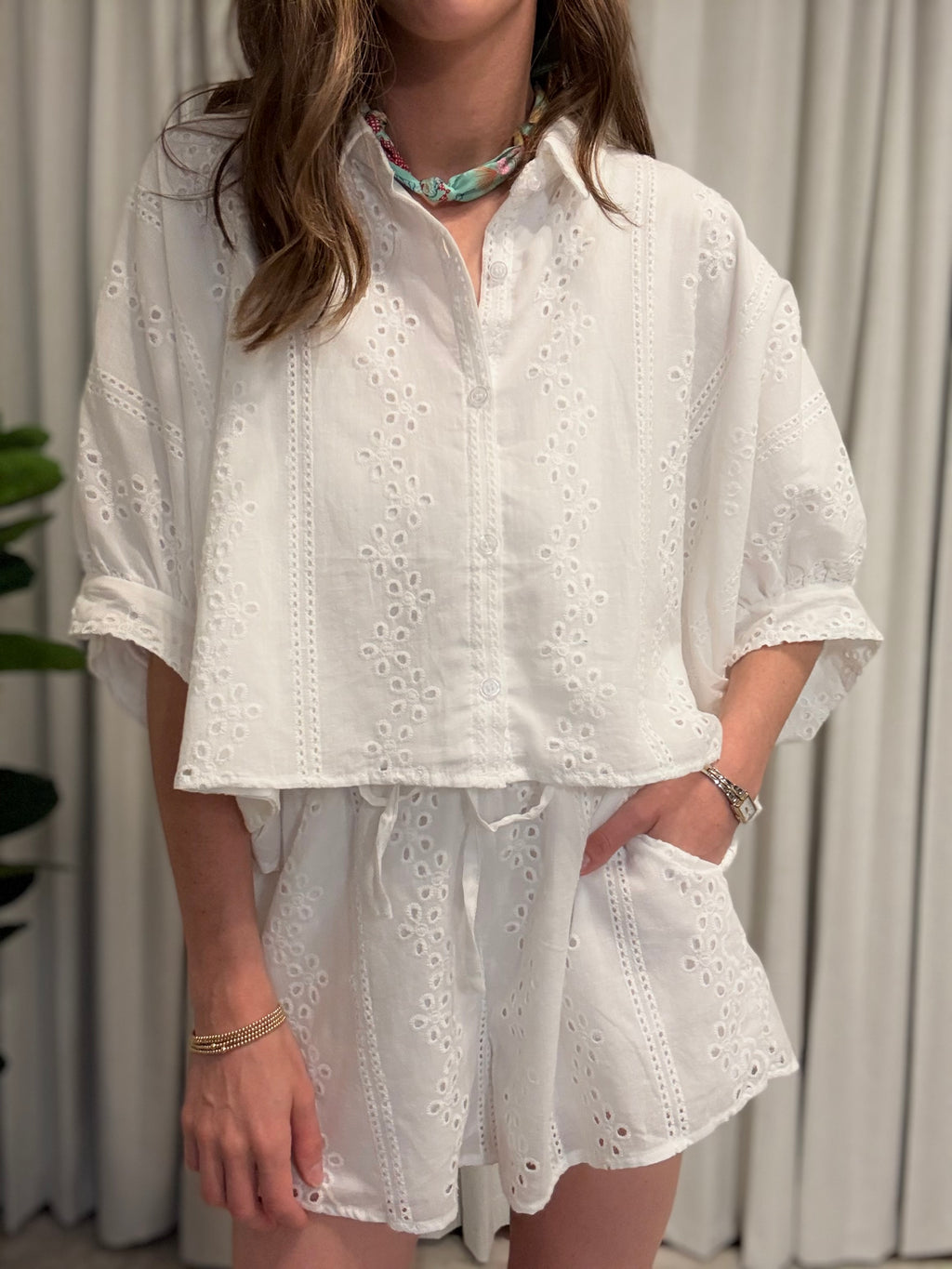 Eyelet Crop Button Down Set