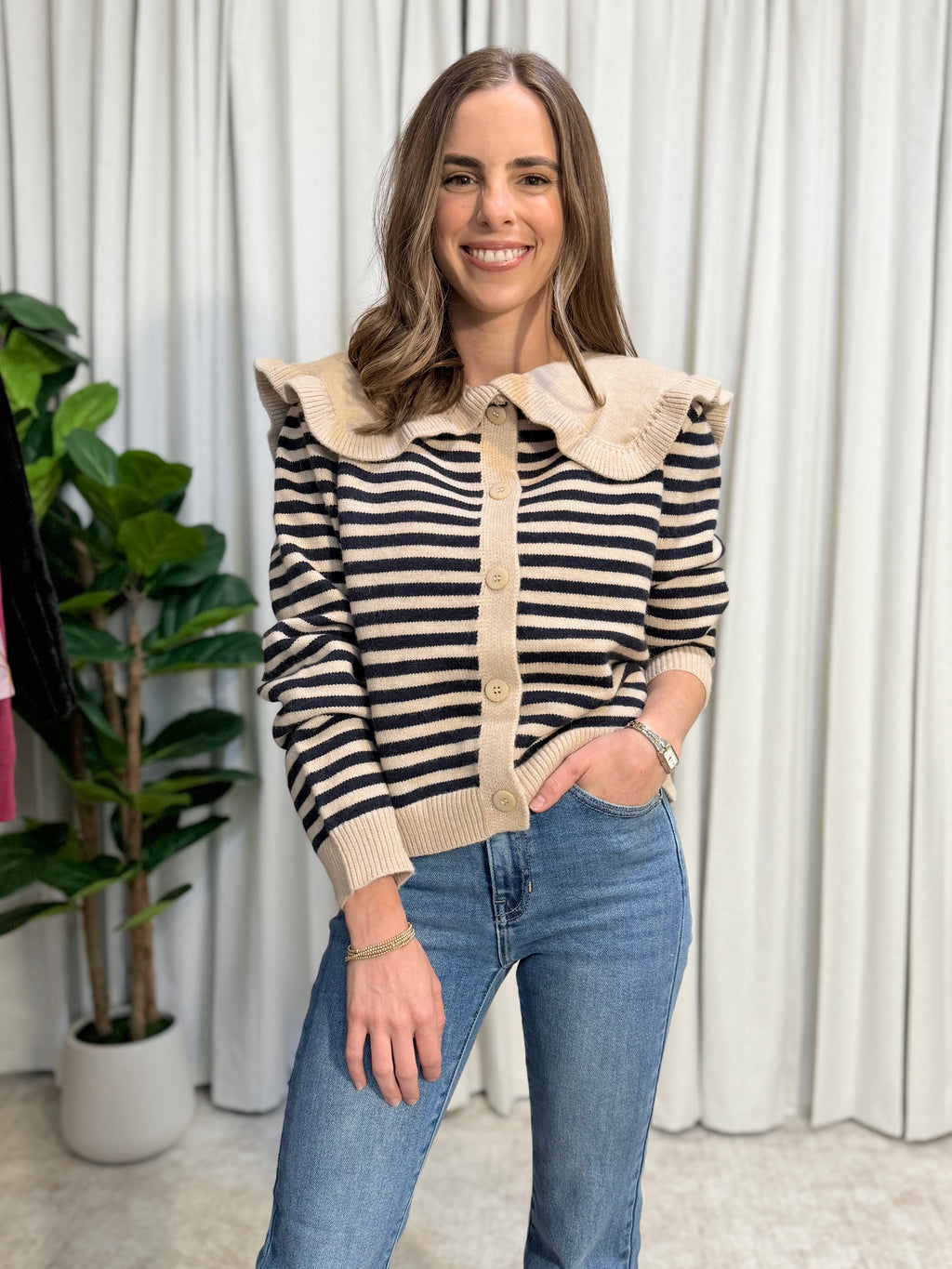 Ruffled Stripe Cardigan Sweater