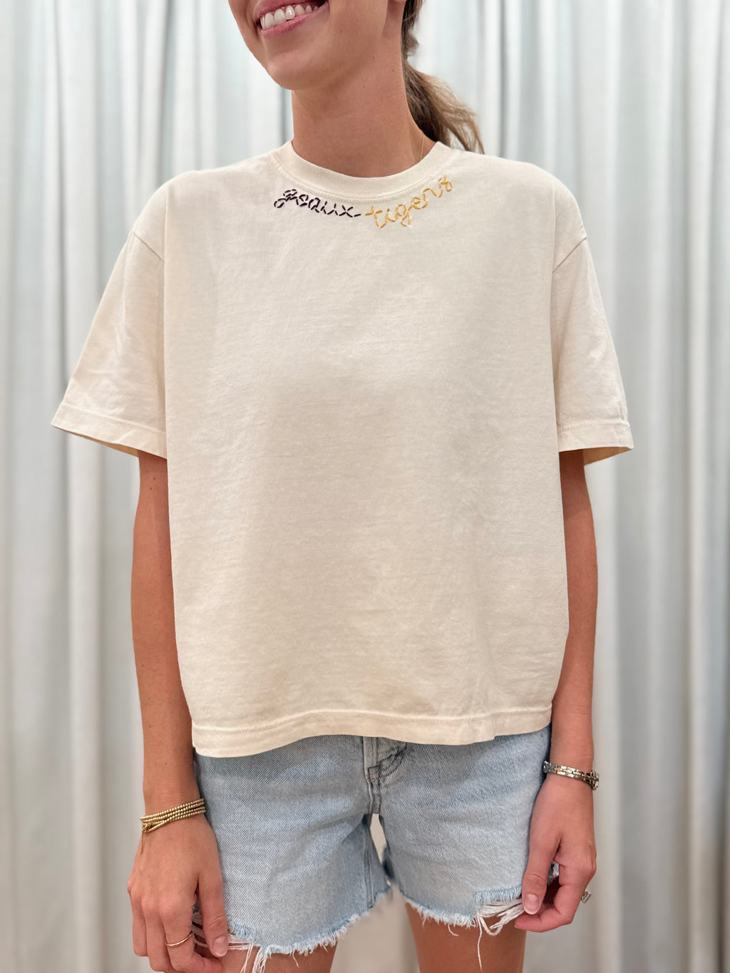 Hand-stitched "geaux tigers" Top Ivory