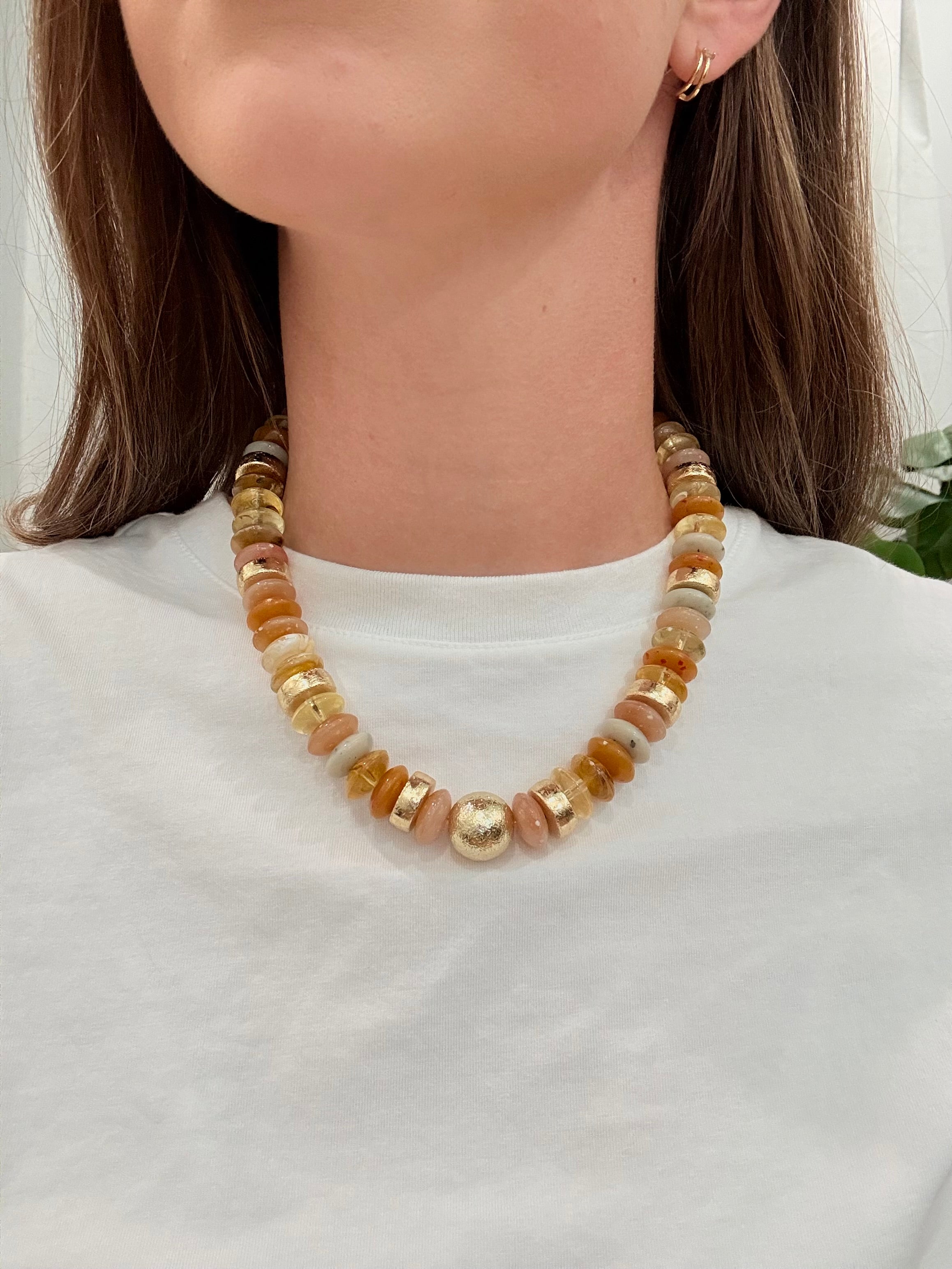 Tobie Beaded Disc Necklace- Tan Mix