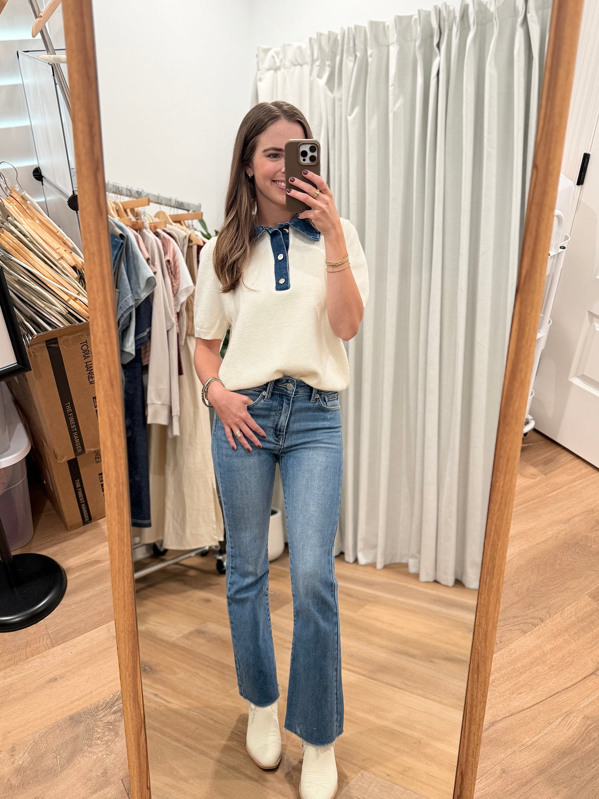 Contrast Denim Knit Top