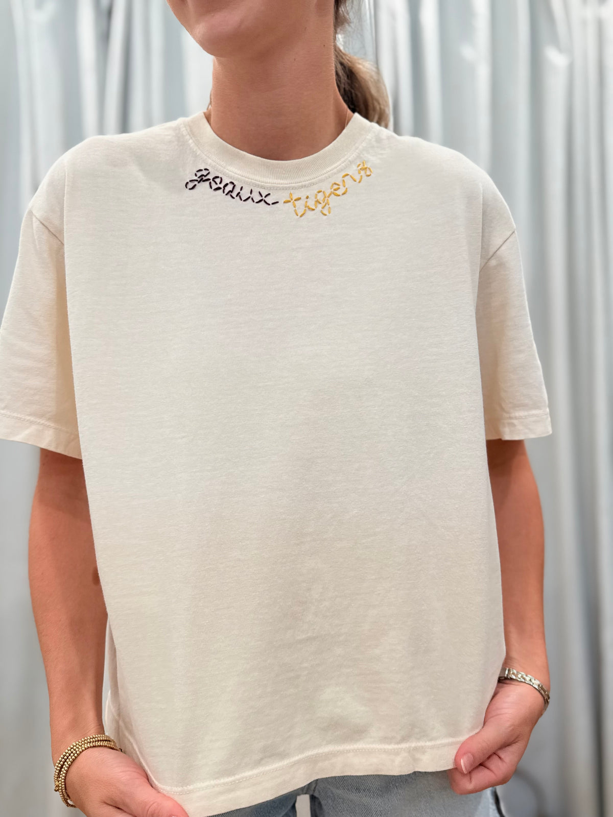 Hand-stitched "geaux tigers" Top Ivory