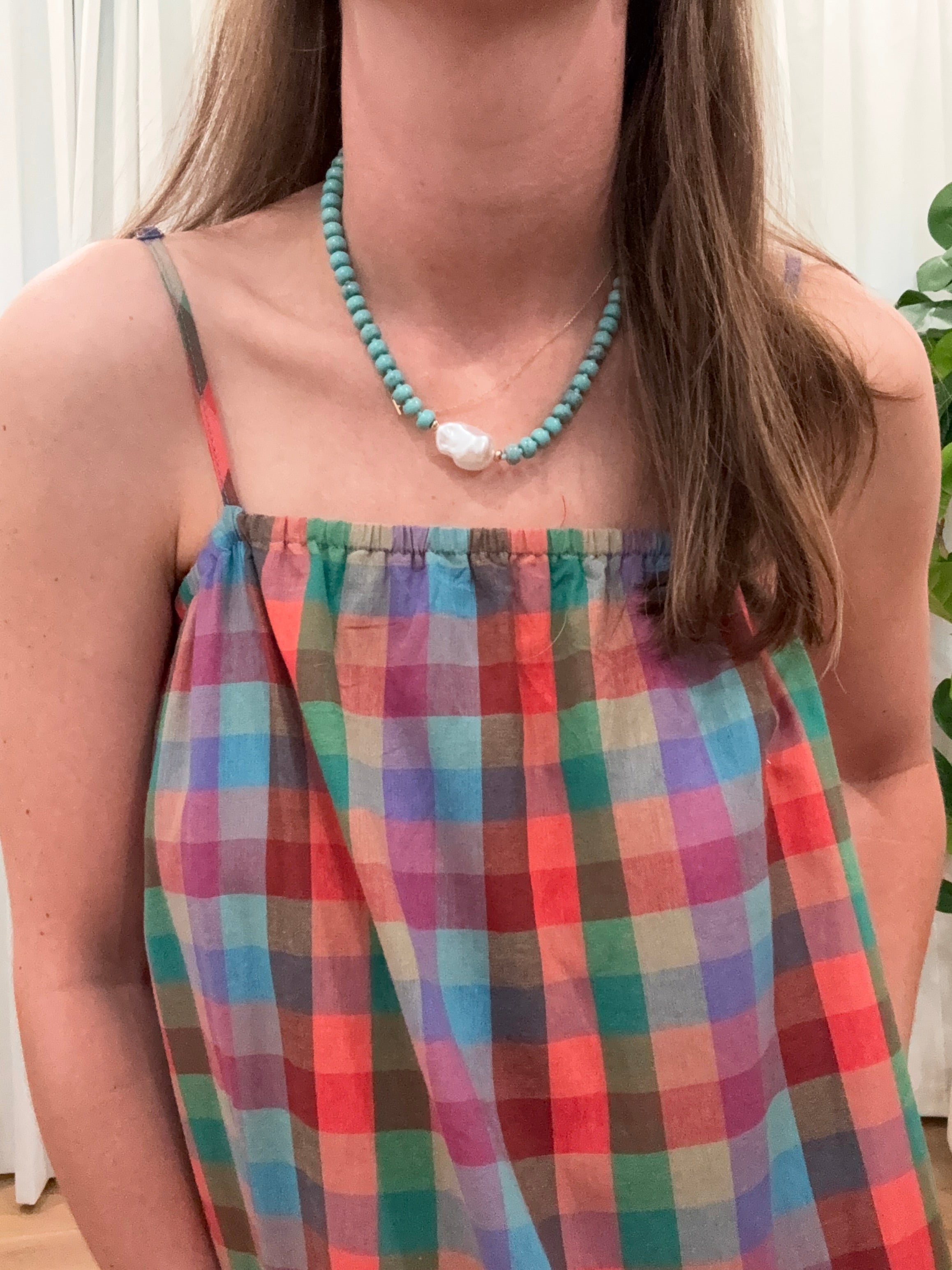 Bead with Pearl Necklace - Turquoise