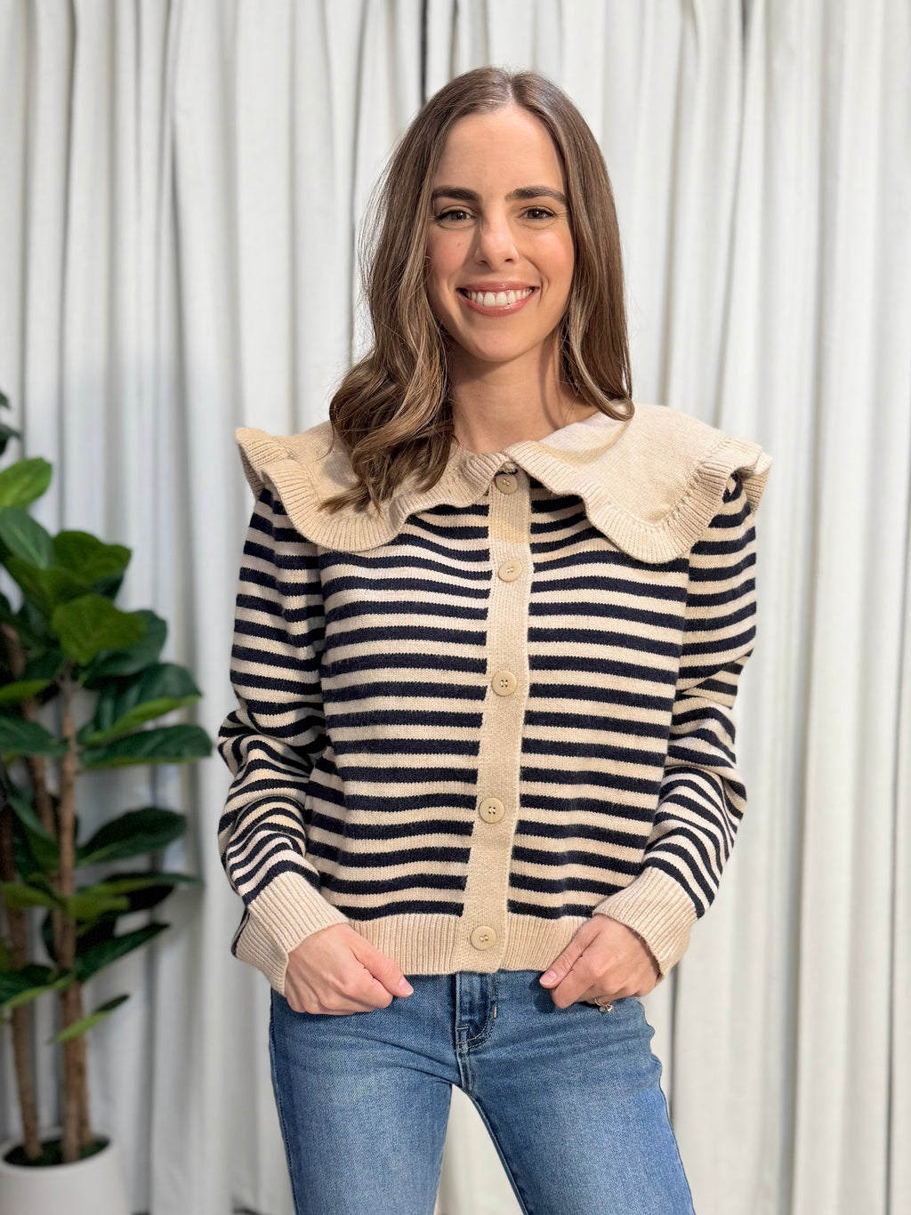 Ruffled Stripe Cardigan Sweater