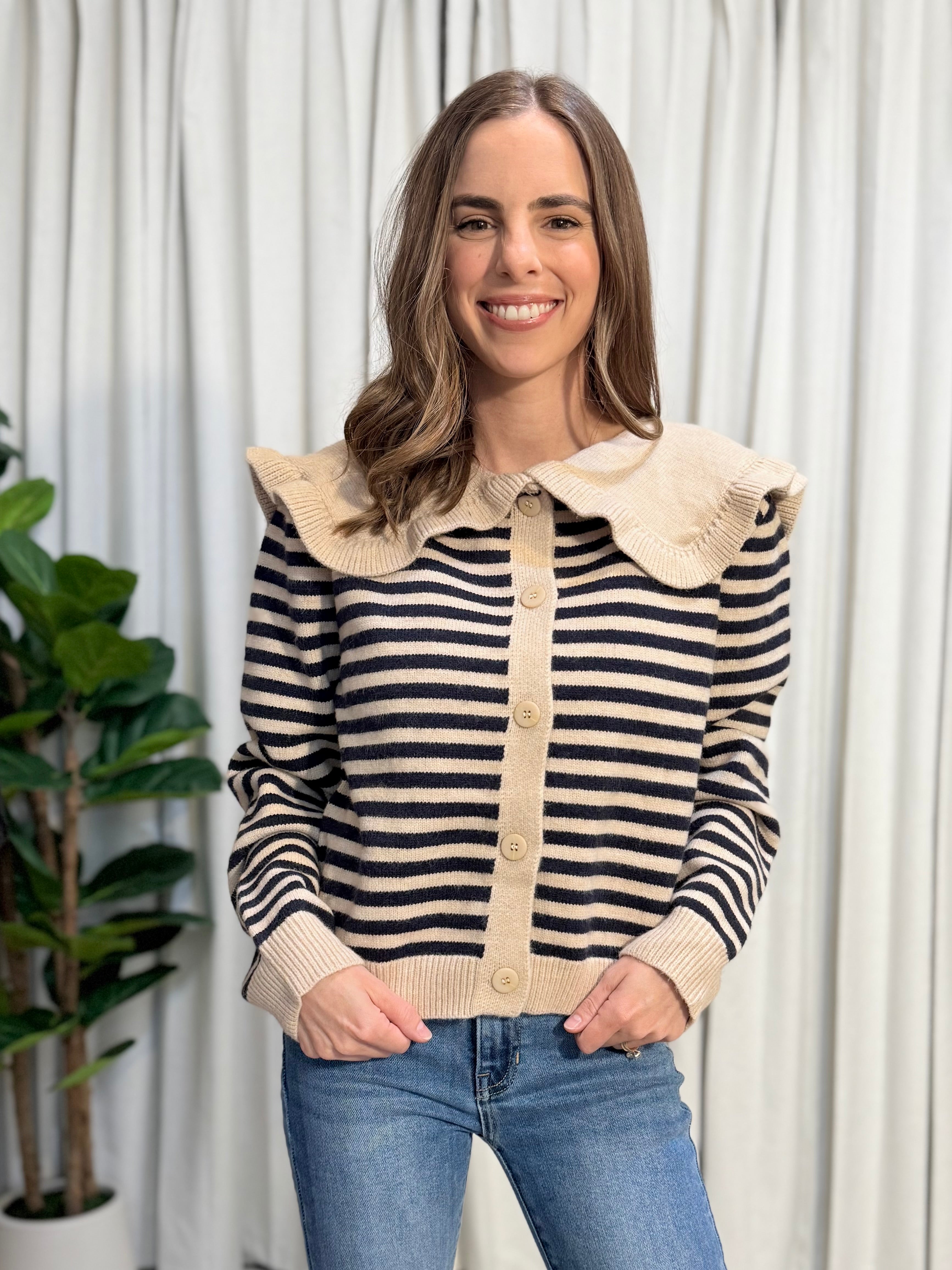Ruffled Stripe Cardigan Sweater