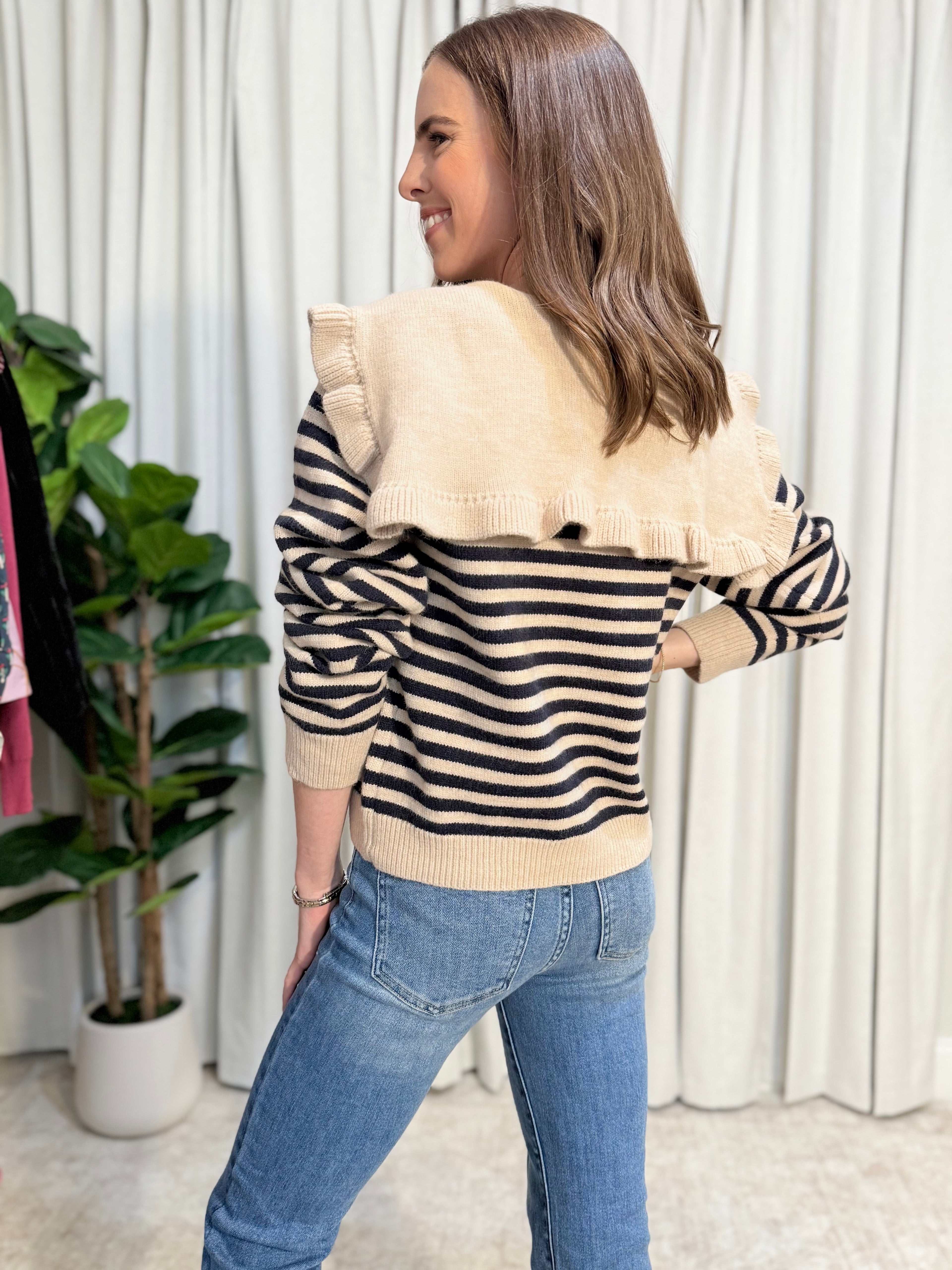 Ruffled Stripe Cardigan Sweater