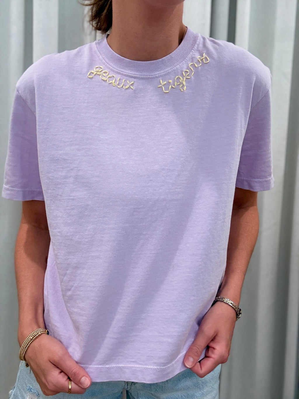 Hand-stitched "geaux tigers" Top