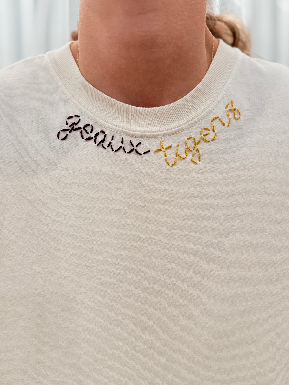 Hand-stitched "geaux tigers" Top Ivory