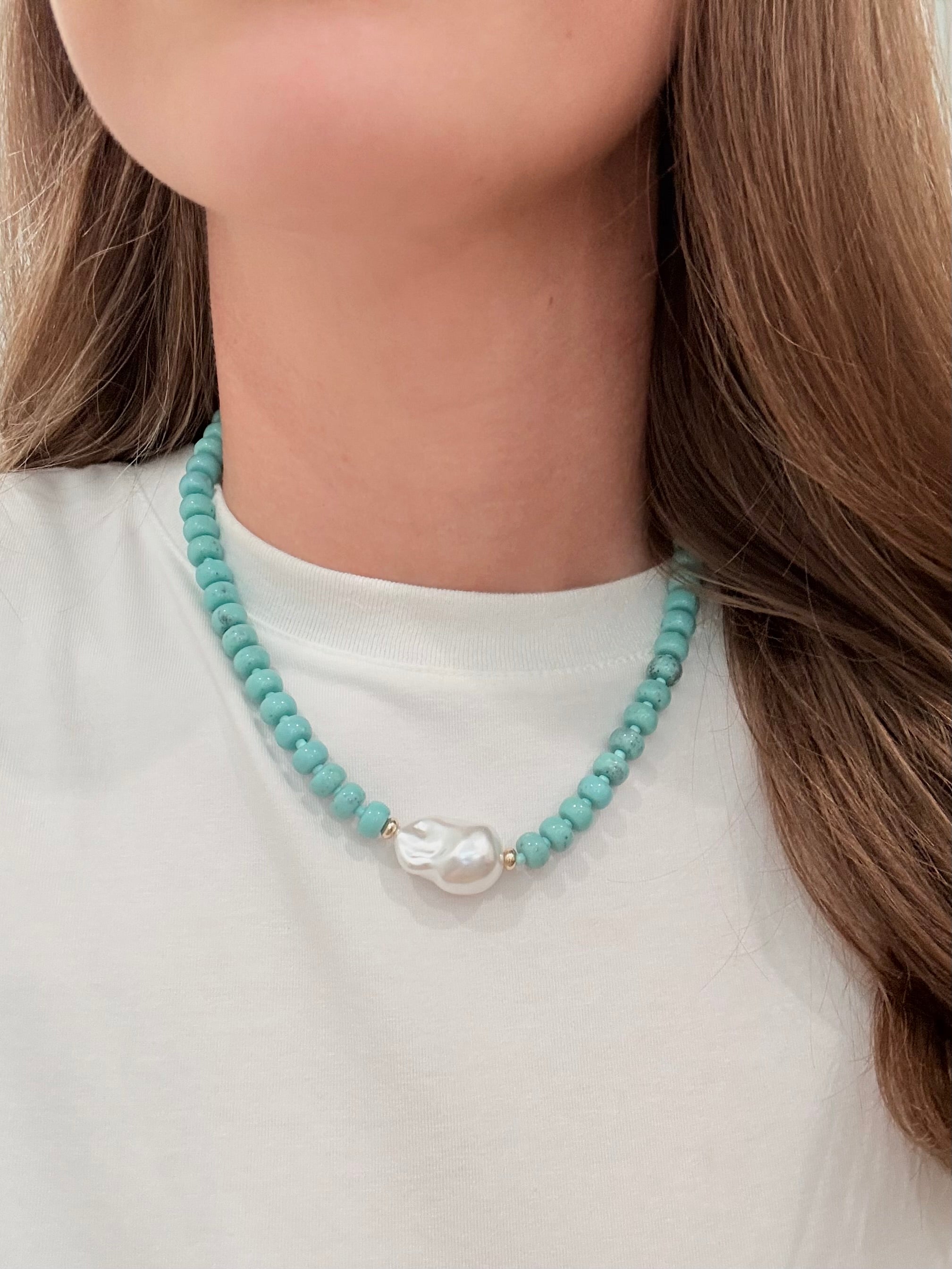 Bead with Pearl Necklace - Turquoise