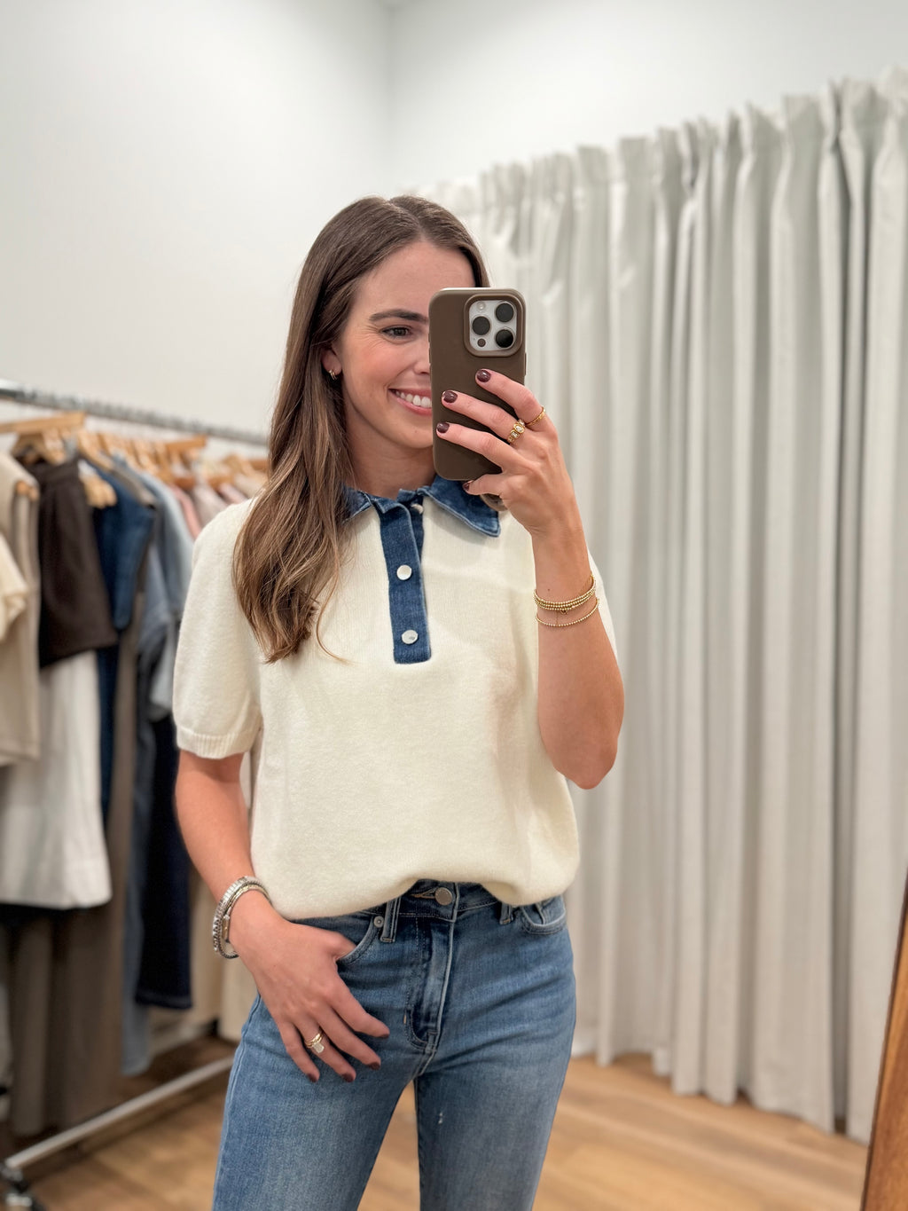 Contrast Denim Knit Top