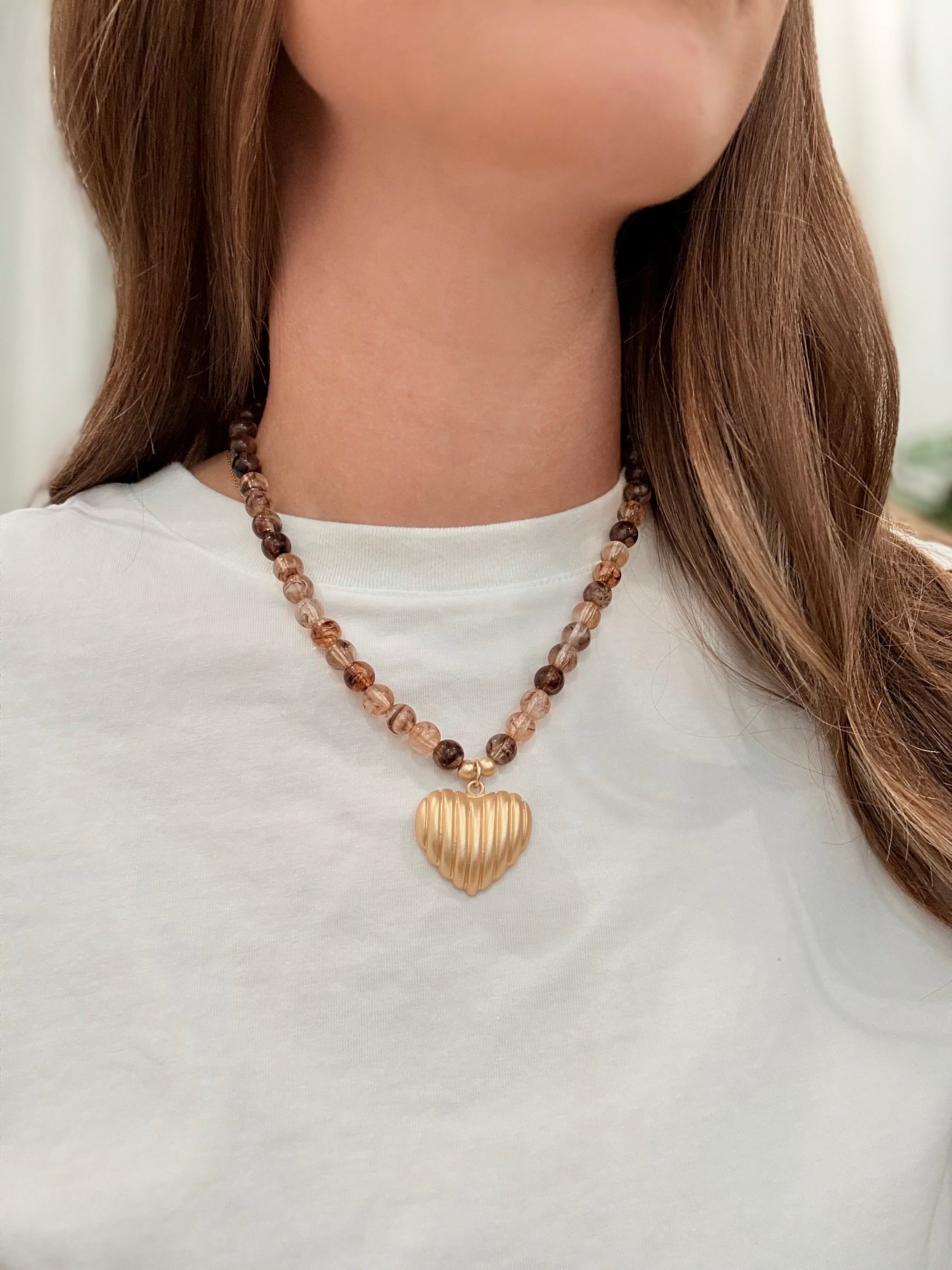 Beaded Heart Necklace - Brown