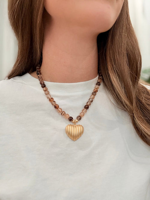 Beaded Heart Necklace - Brown