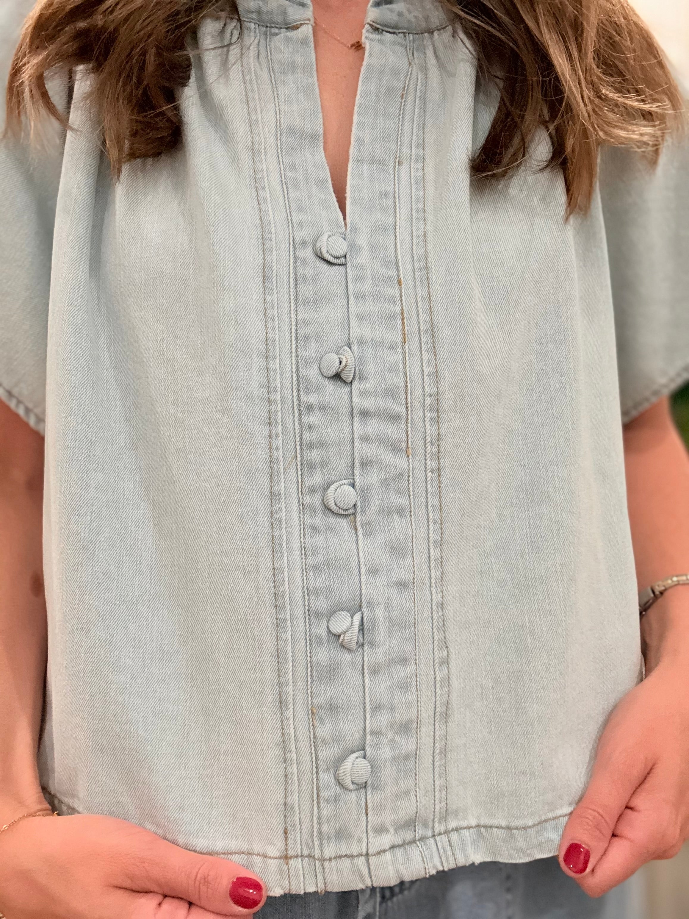 Gathered Collar Denim Top