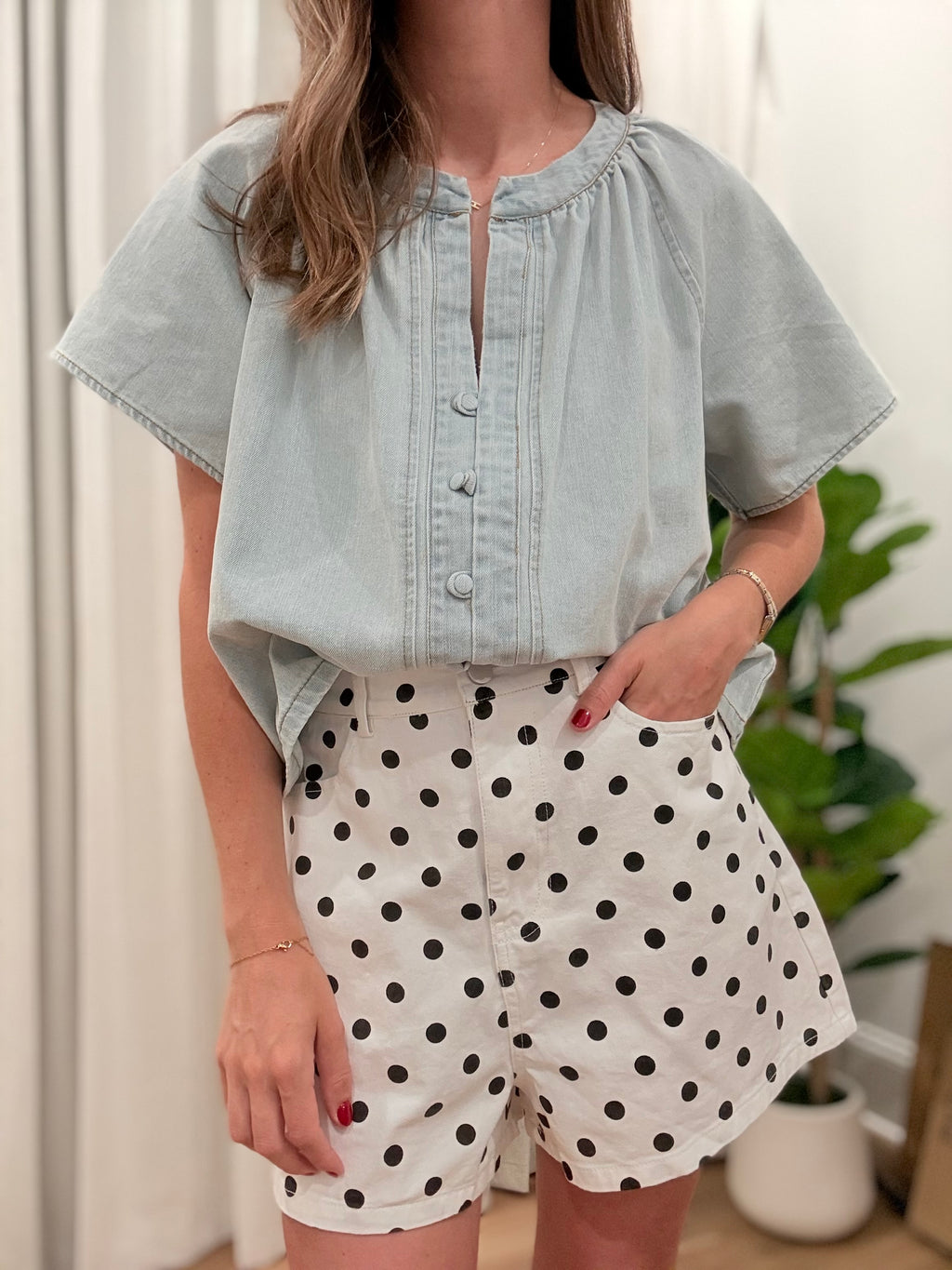 Gathered Collar Denim Top