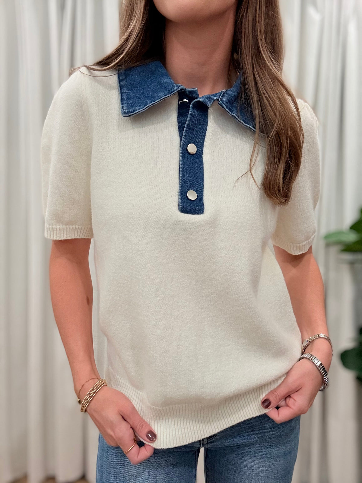 Contrast Denim Knit Top