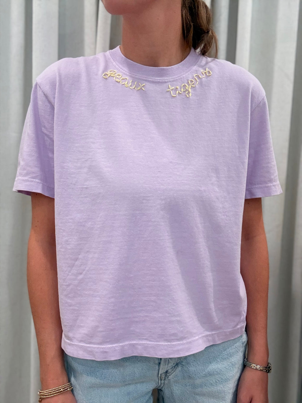 Hand-stitched "geaux tigers" Top
