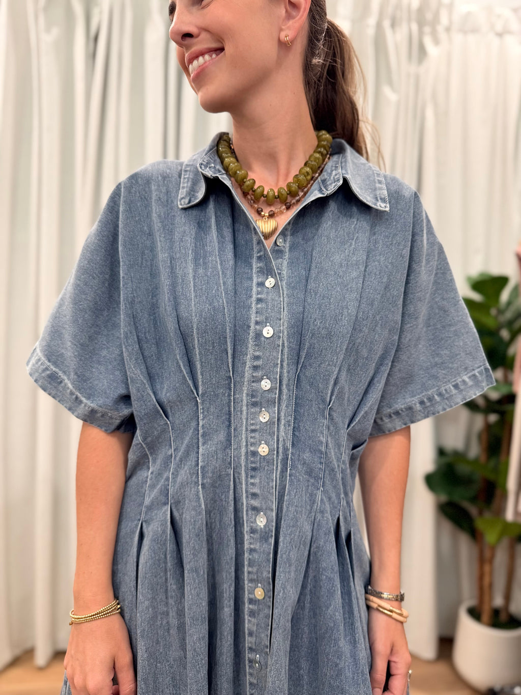 Pleated Denim Midi Dress