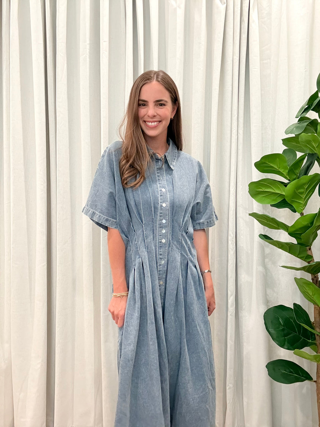 Pleated Denim Midi Dress