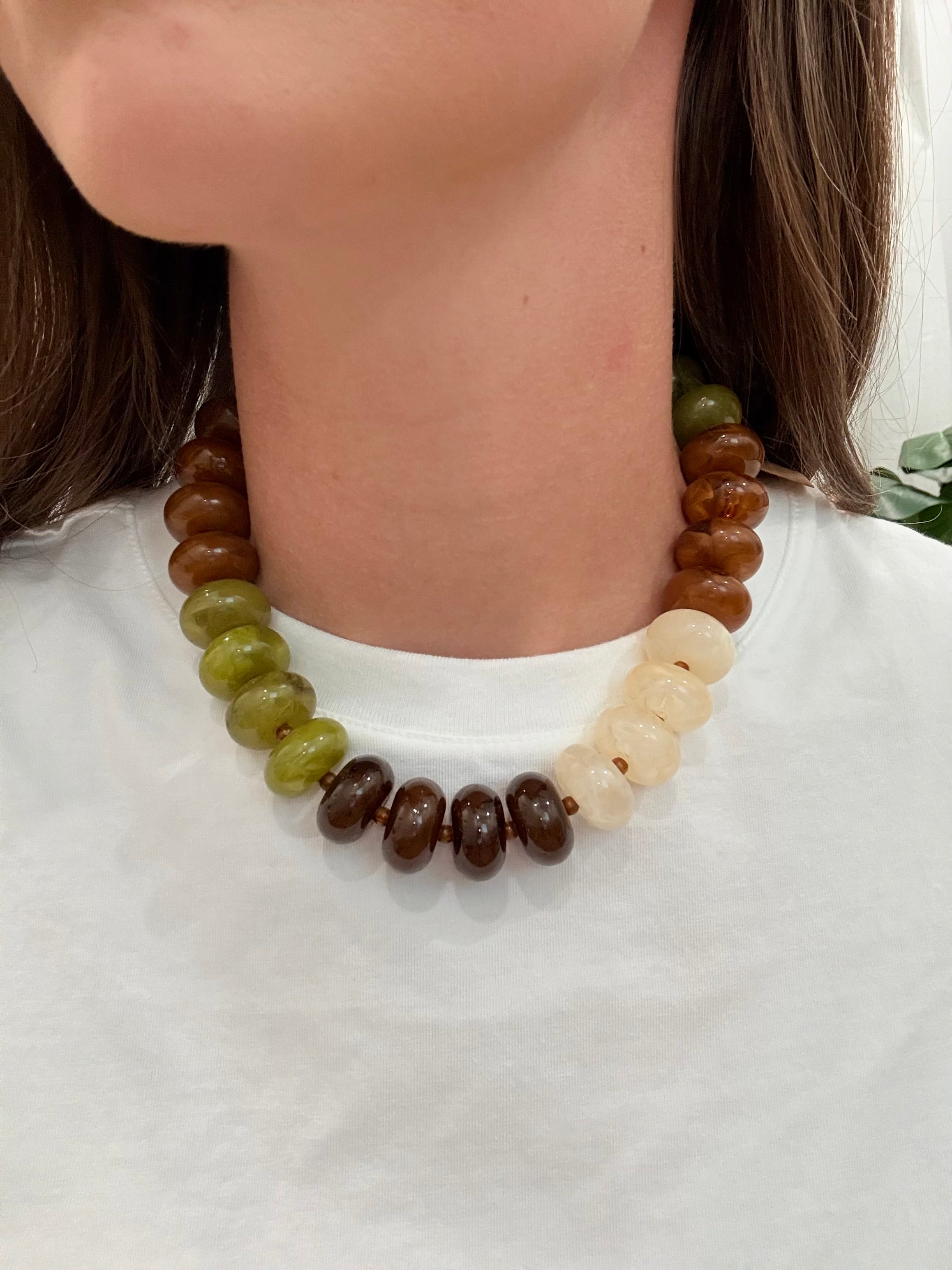 Carissa Chunky Beaded Necklace- Tan Chartreuse Mix