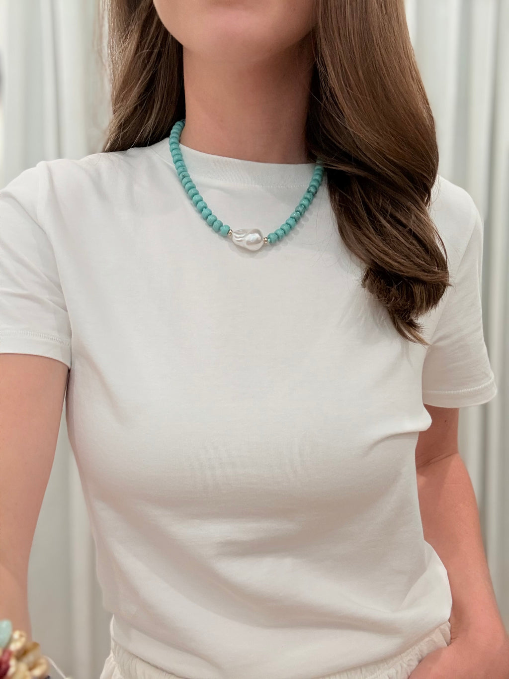 Bead with Pearl Necklace - Turquoise