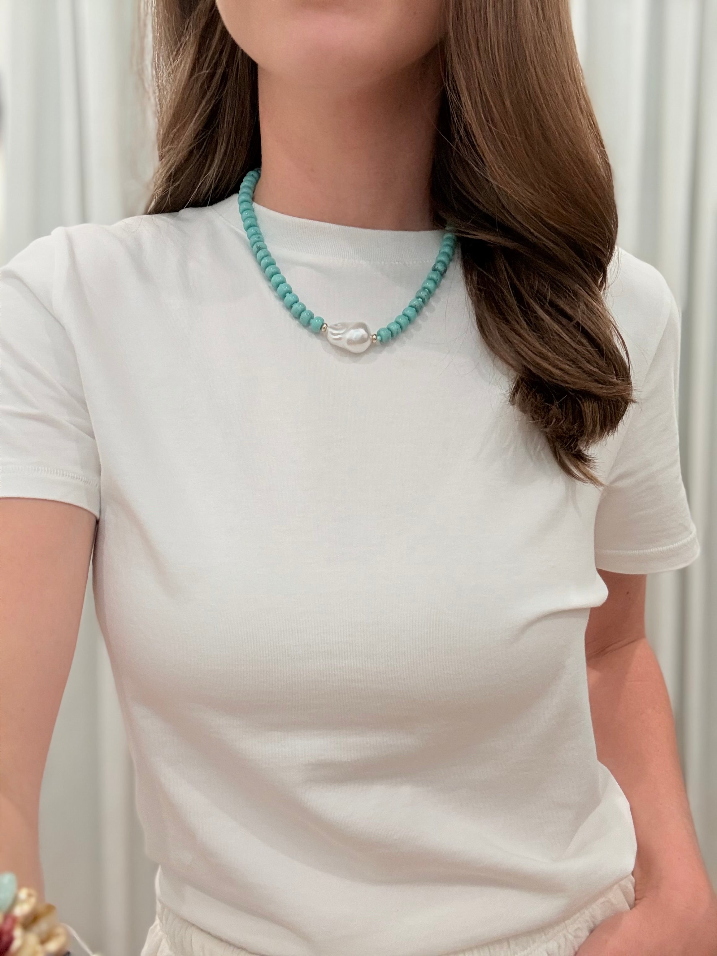 Bead with Pearl Necklace - Turquoise