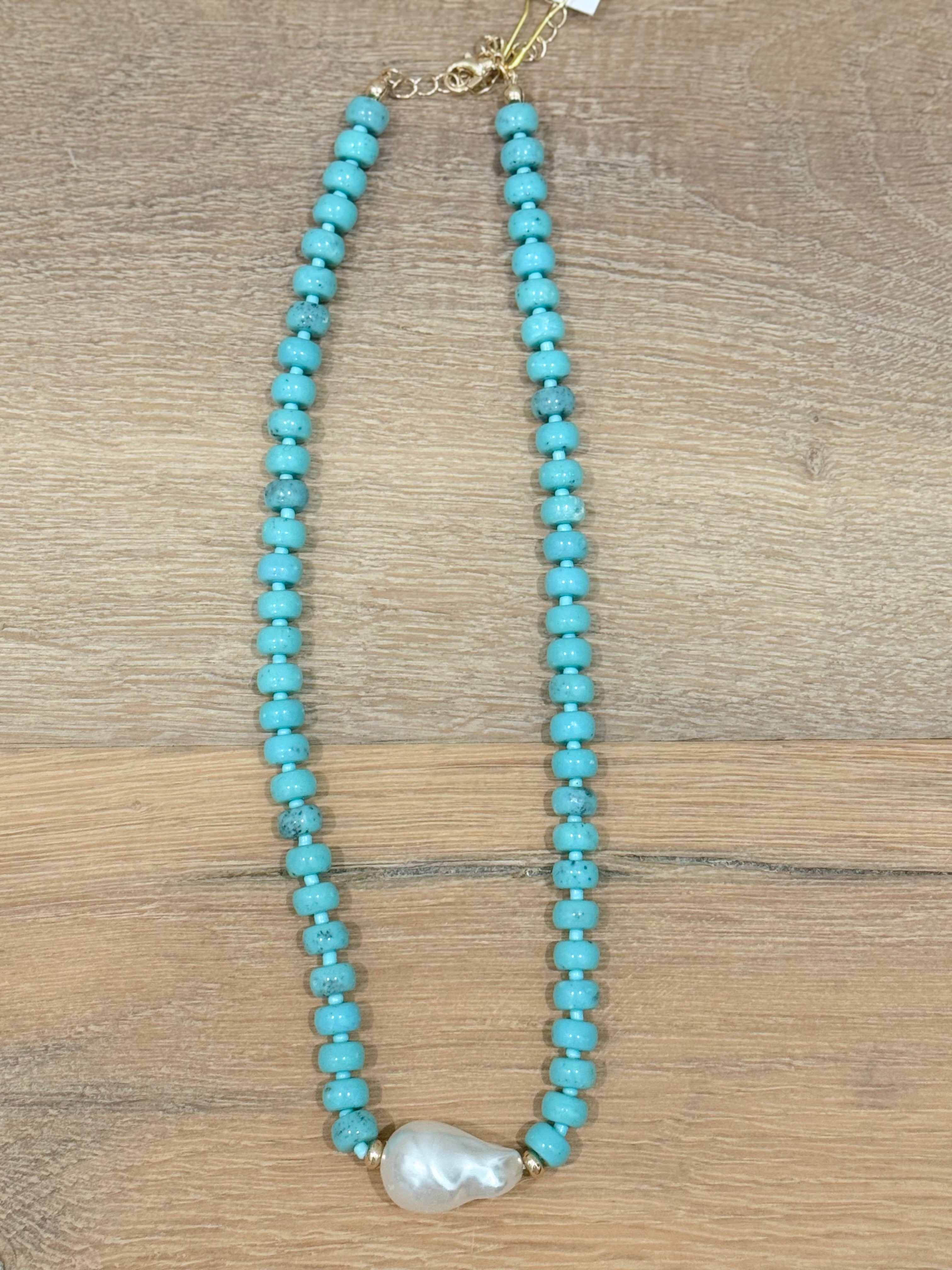 Bead with Pearl Necklace - Turquoise