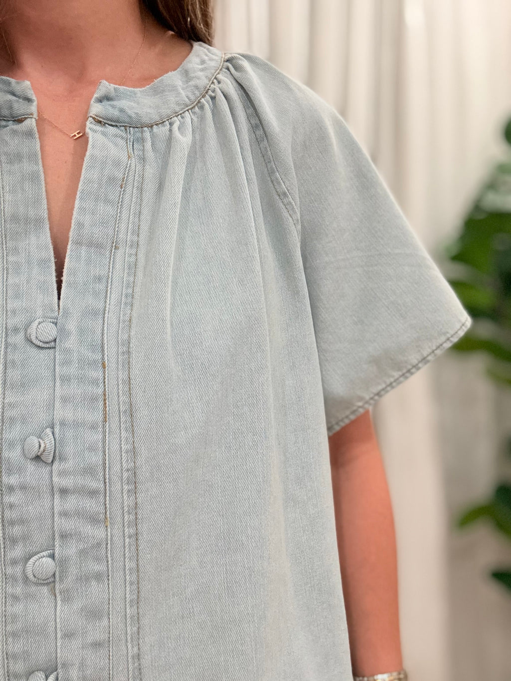 Gathered Collar Denim Top