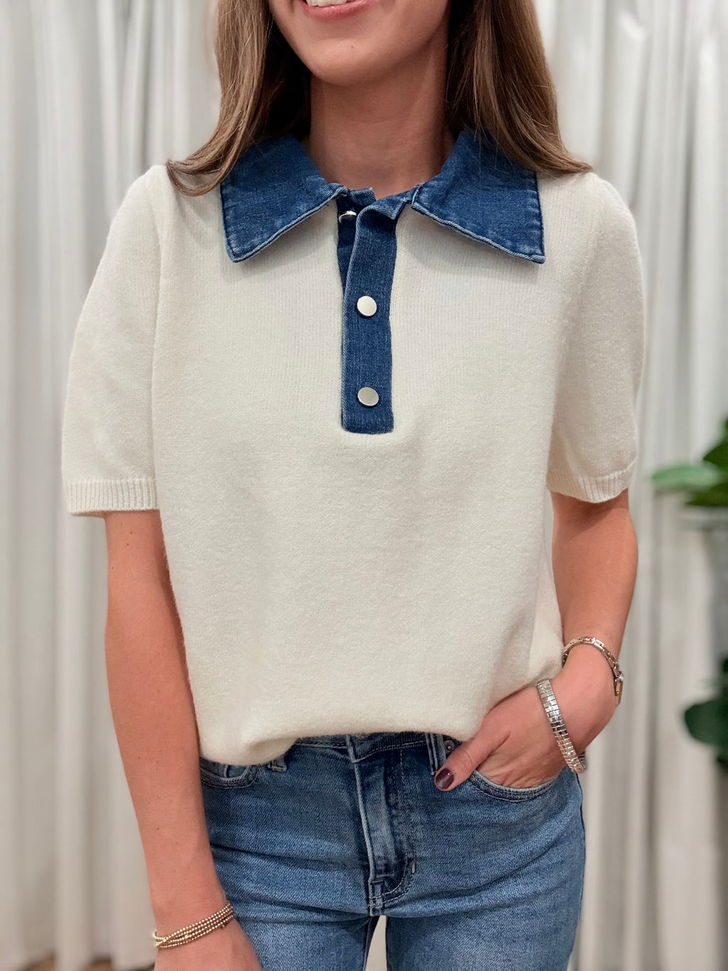 Contrast Denim Knit Top