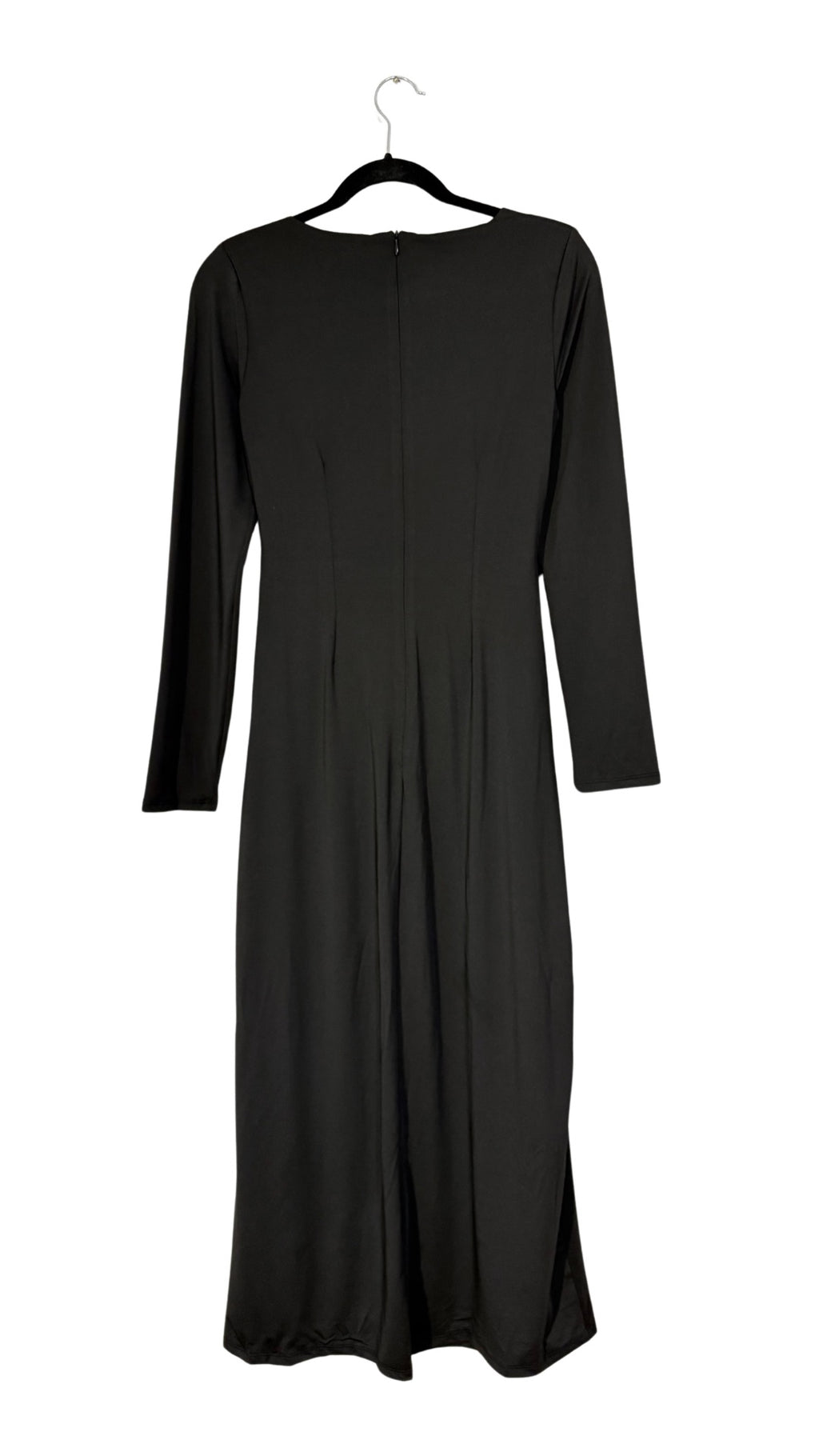 black high-neck asymmetric belted a-line dress Sophie