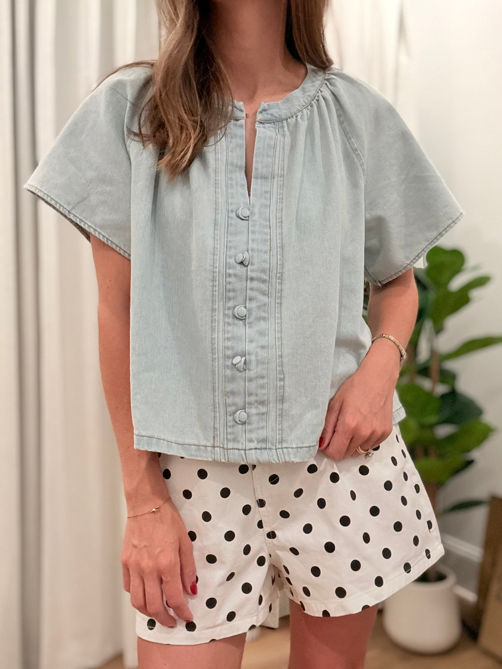 Gathered Collar Denim Top