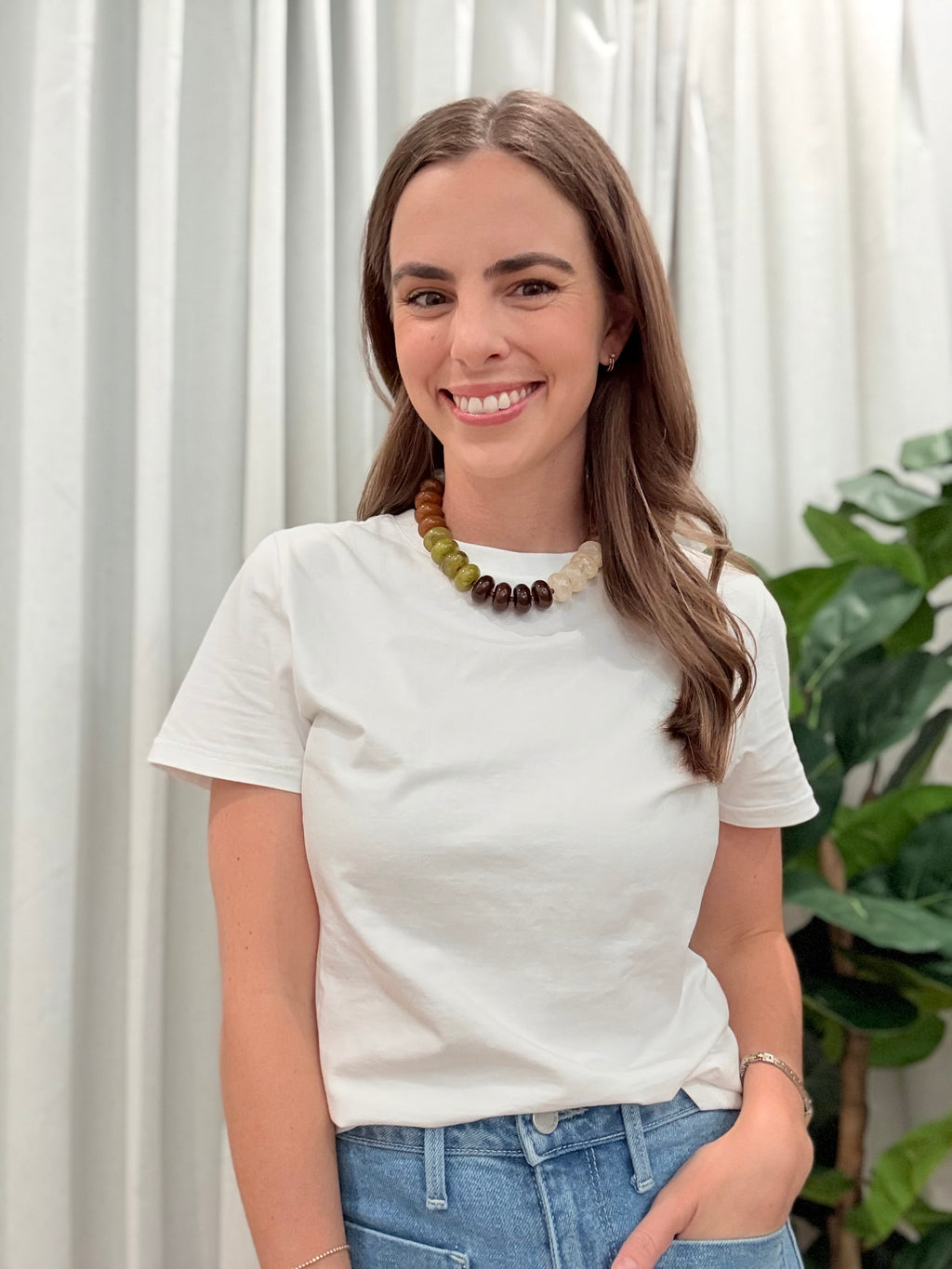 Carissa Chunky Beaded Necklace- Tan Chartreuse Mix
