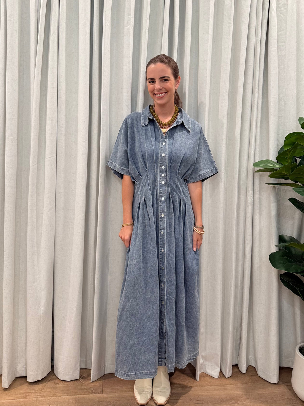 Pleated Denim Midi Dress