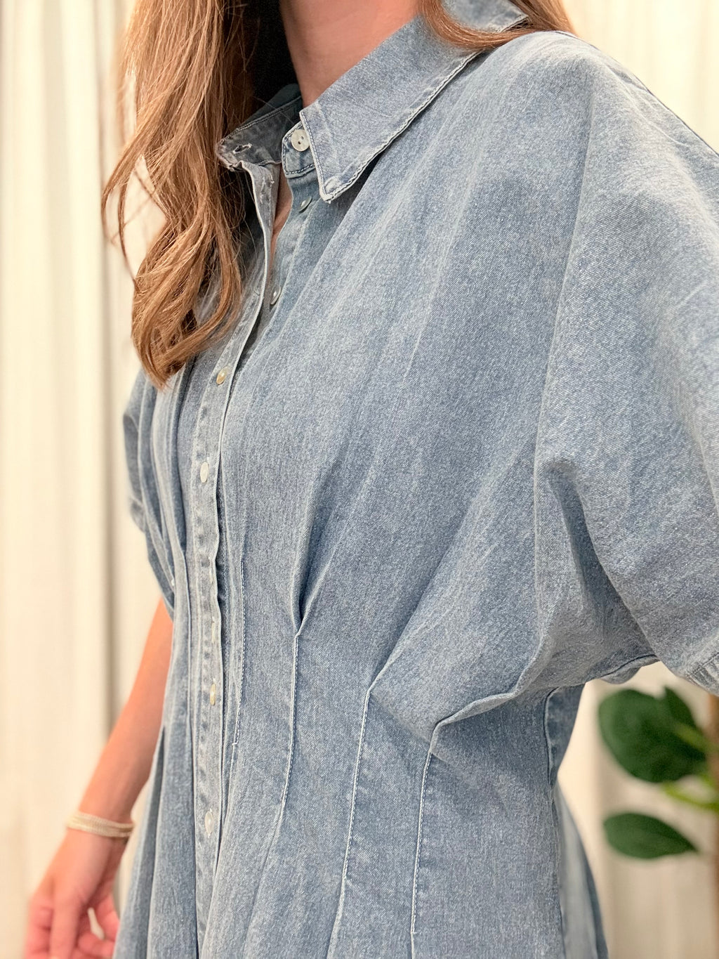 Pleated Denim Midi Dress