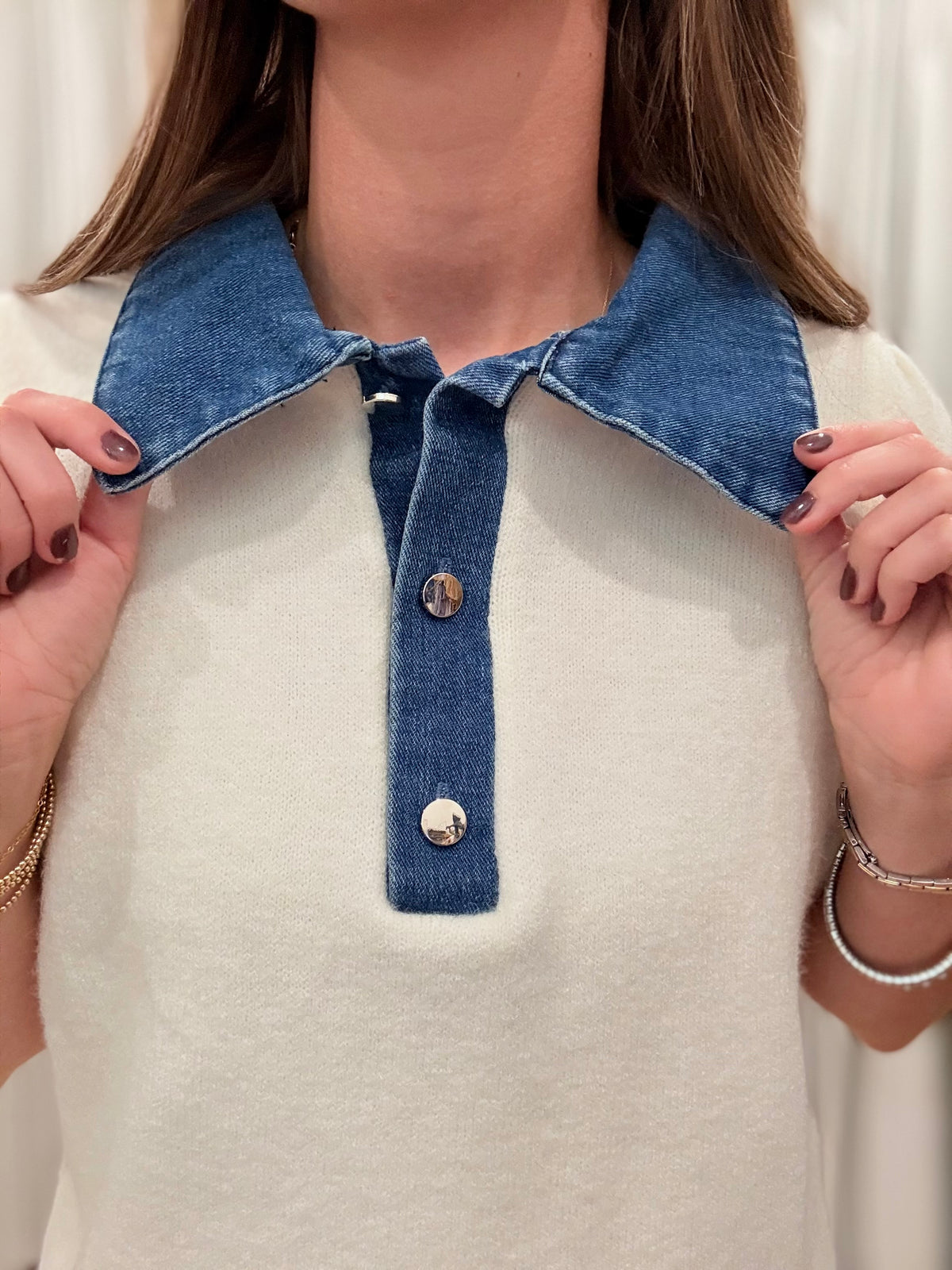 Contrast Denim Knit Top