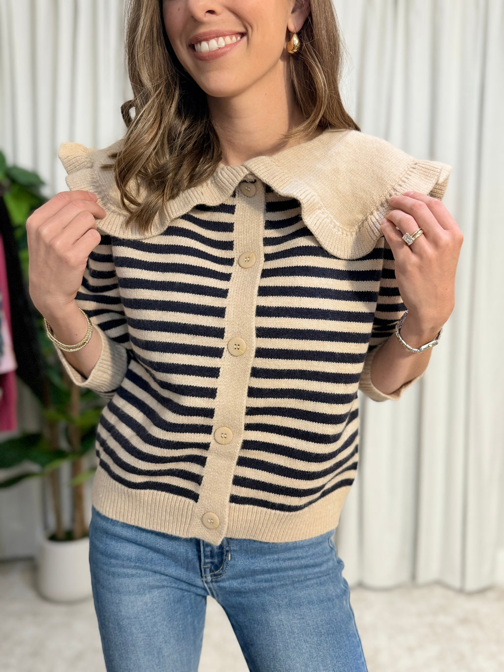 Ruffled Stripe Cardigan Sweater