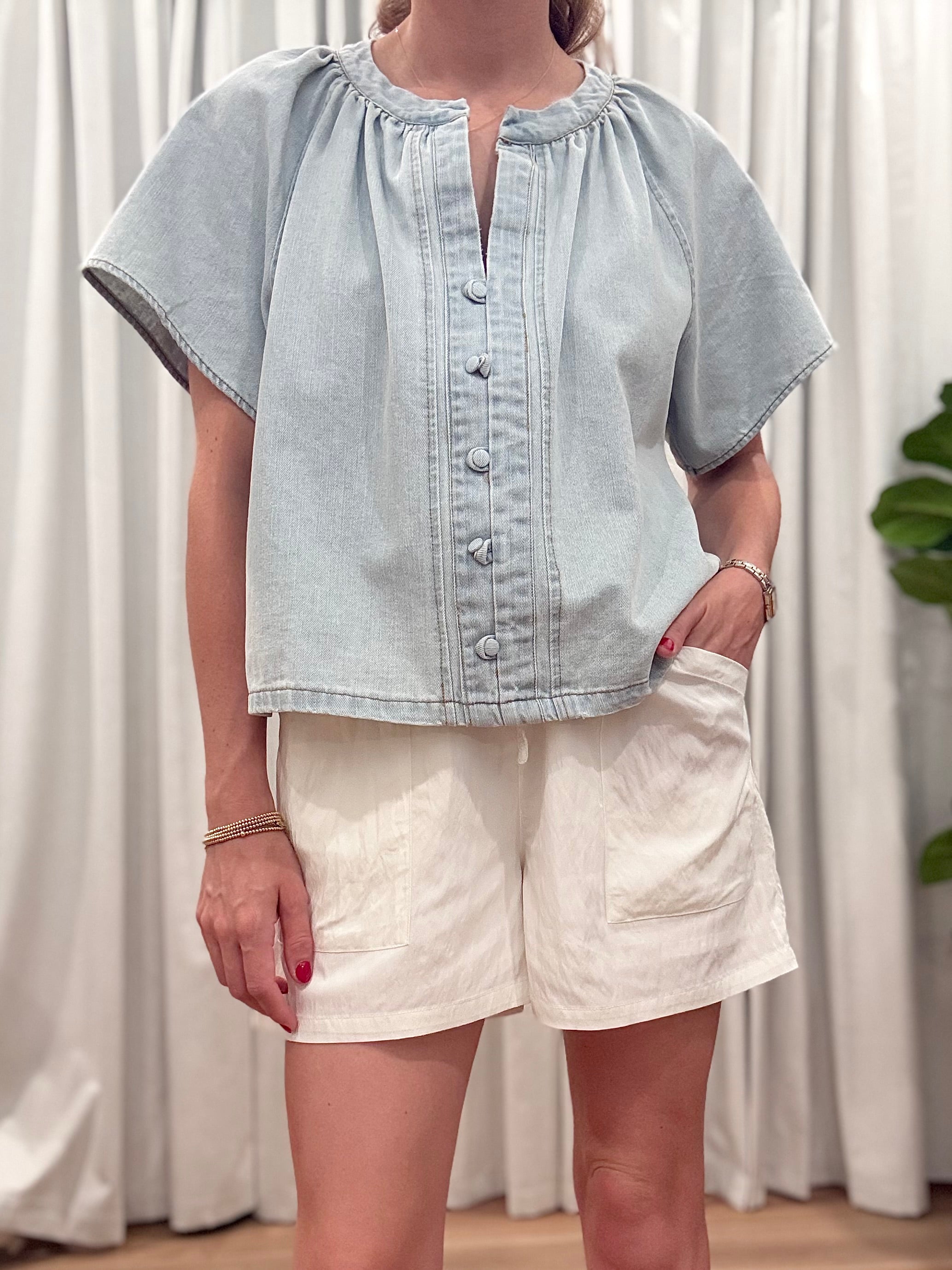Gathered Collar Denim Top