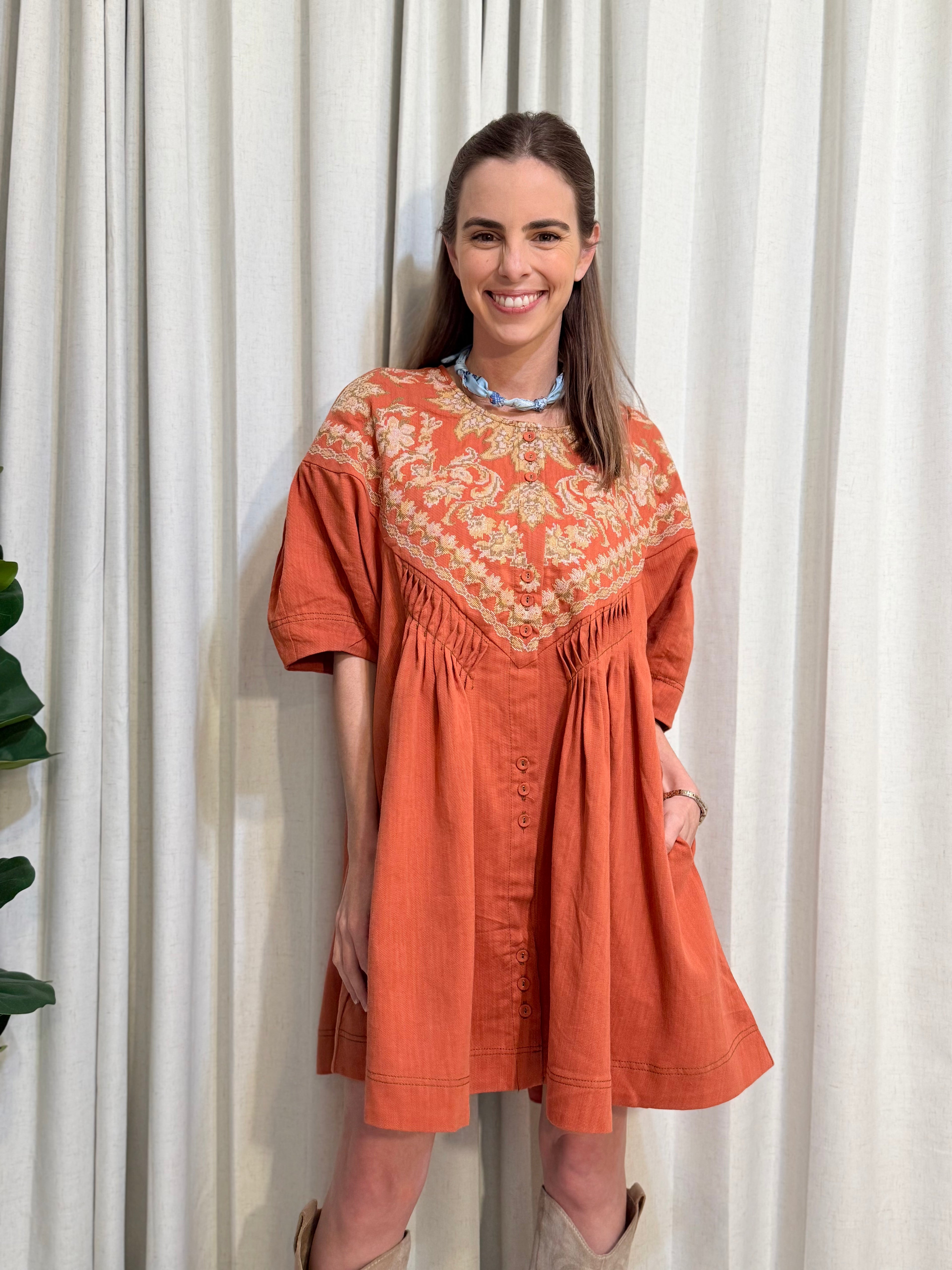Embroidered Tunic Dress - Orange / S Embroidered Tunic Dress - Orange / S