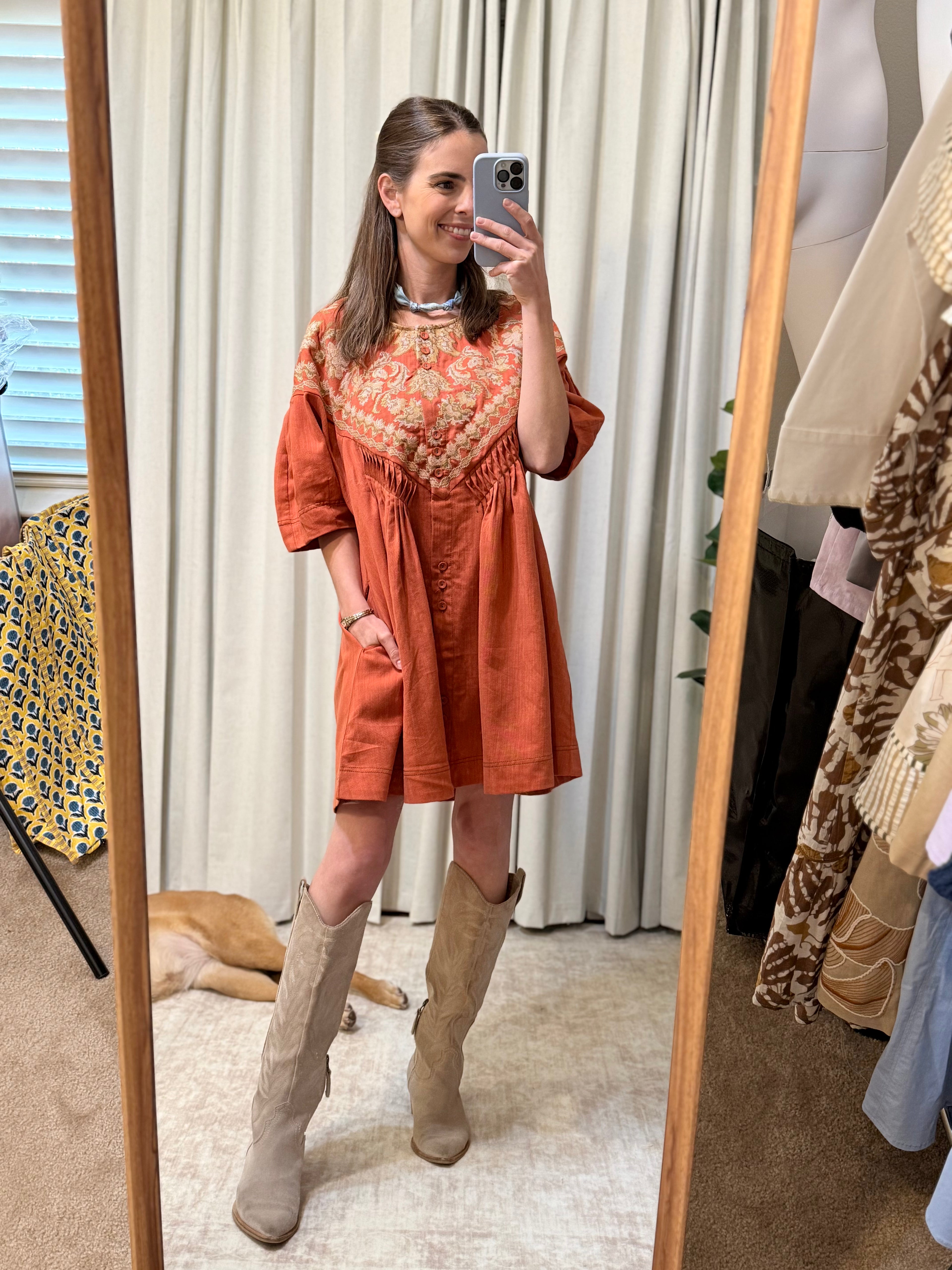 tunic embroidered dress Audria Sky Floral Belted Midi Shirt Dress main image 0