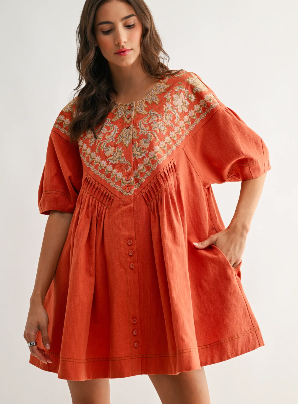 Embroidered Tunic Dress - Orange / S