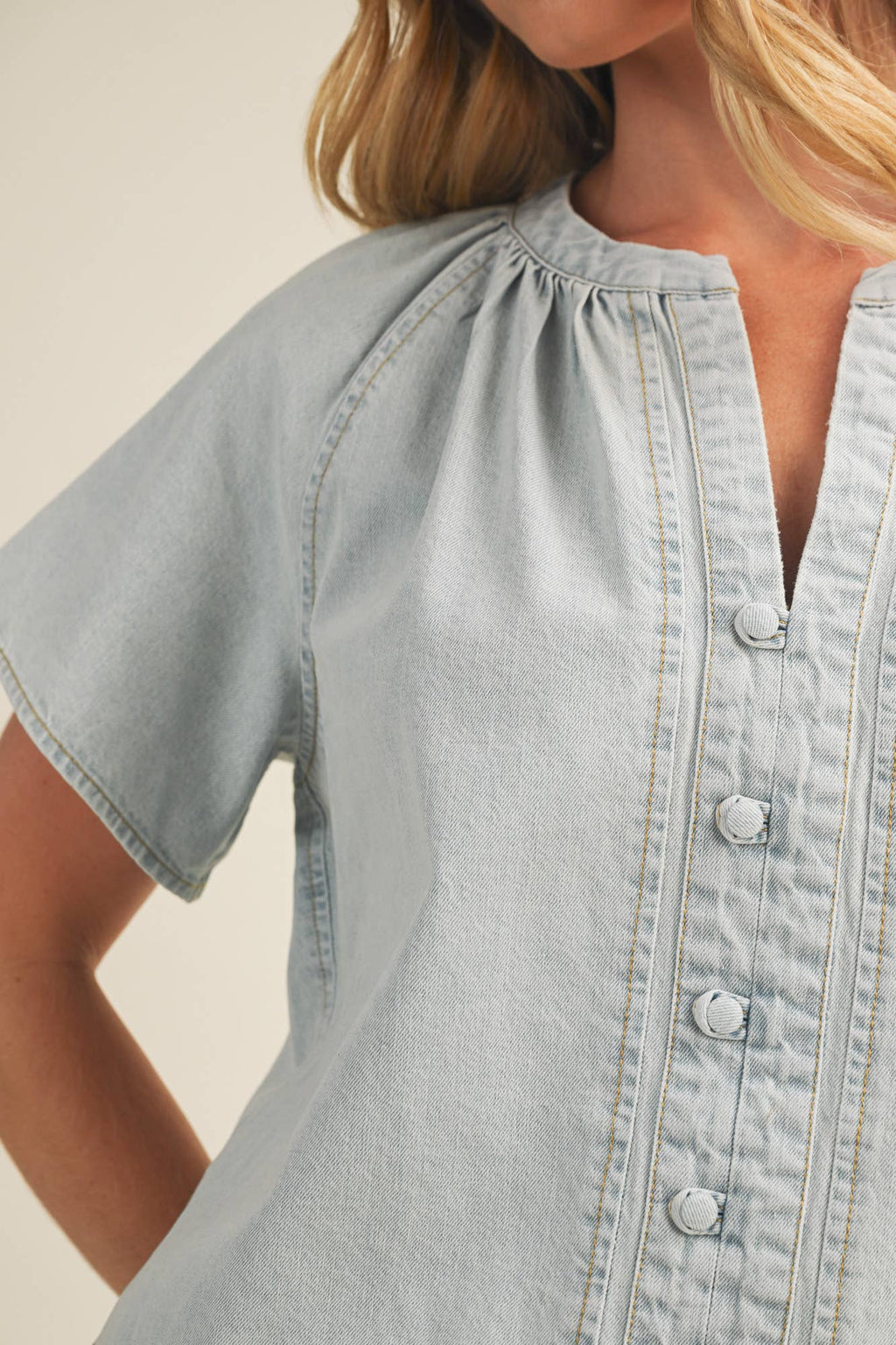 Gathered Collar Denim Top