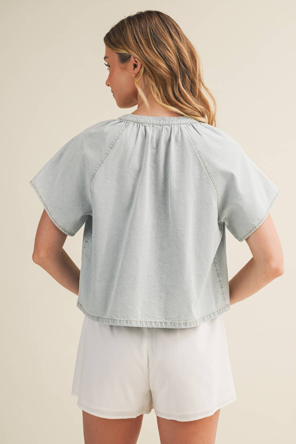Gathered Collar Denim Top