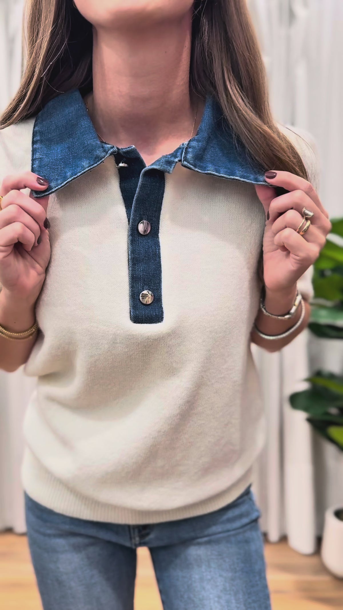 Contrast Denim Knit Top